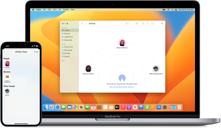 iPhone 顯示 AirDrop 螢幕，旁邊 Mac 上 Finder 中開啟 AirDrop 視窗。