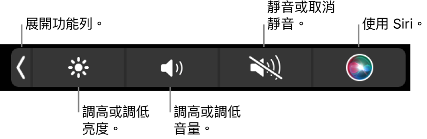 收合的功能列包含以下操作的按鈕：由左至右依序是展開功能列、增加或減少顯示器亮度和音量、靜音或取消靜音以及使用 Siri。