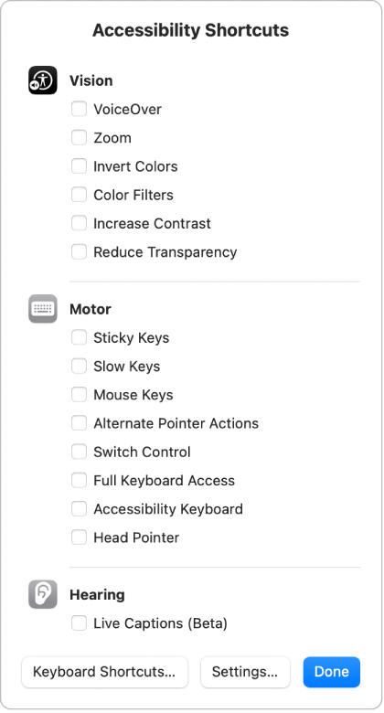 「輔助使用」的「快速鍵」面板列出了「視覺」功能，例如「顏色濾鏡」、「身體運動」功能，例如「全面鍵盤操控」，以及「聽力」功能，例如「即時字幕」。選取或取消選取面板中的功能來將其開啟或關閉。