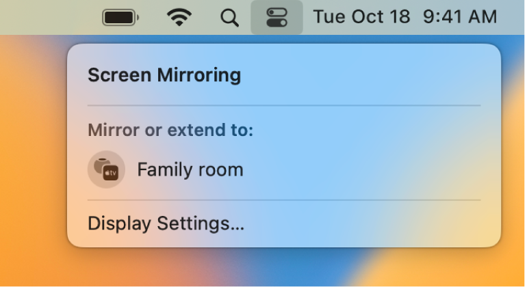 「控制中心」中列出螢幕鏡像輸出選項，包含 Apple TV。