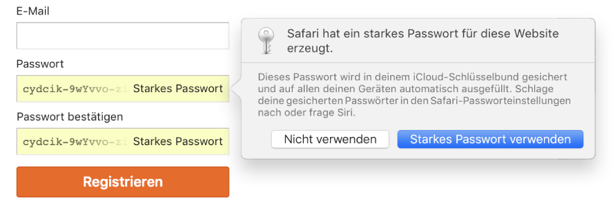 Account-Anmeldeseite mit einem automatisch erstellten Passwort und der Option dieses abzulehnen oder zu verwenden