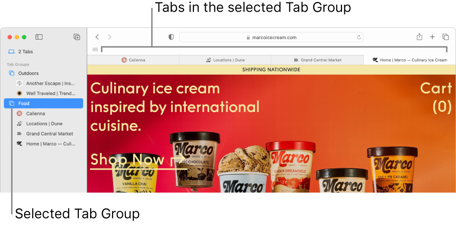 A Safari window showing the sidebar with a Tab Group selected.