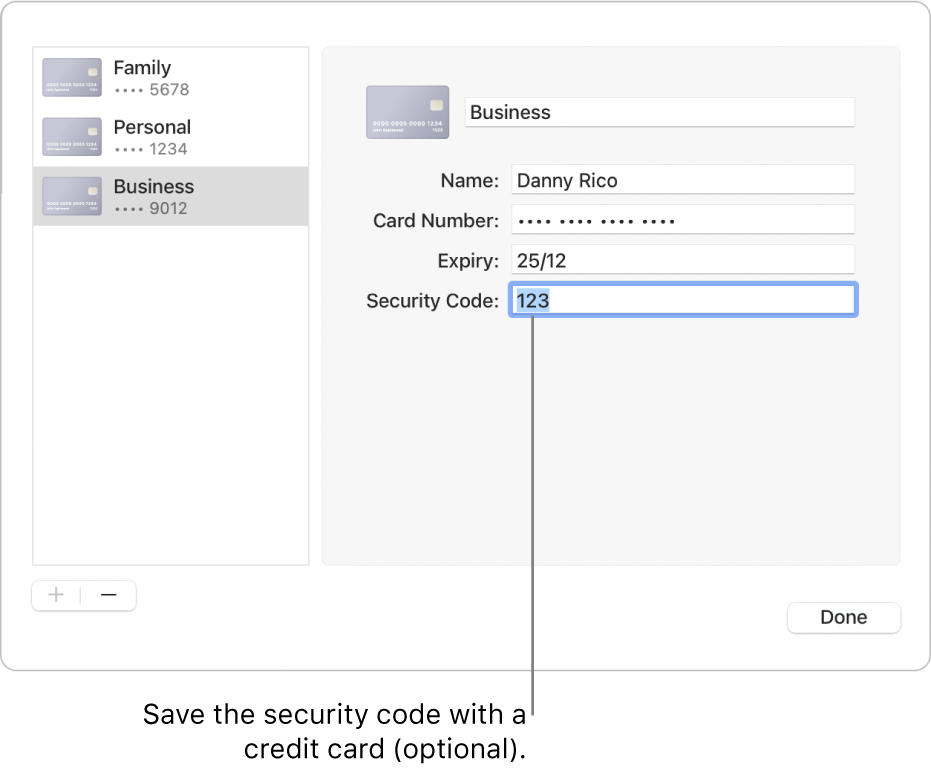 A credit card form with fields for entering the name, card number, expiration date and security code.