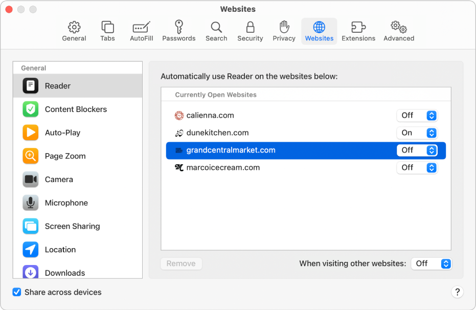 A window showing Safari preferences for websites, with ‘Share across devices’ selected below the sidebar.