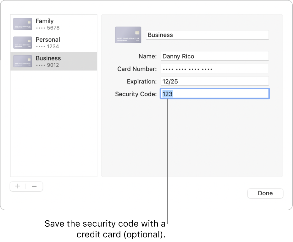 A credit card form with fields for entering the name, card number, expiration date, and security code.
