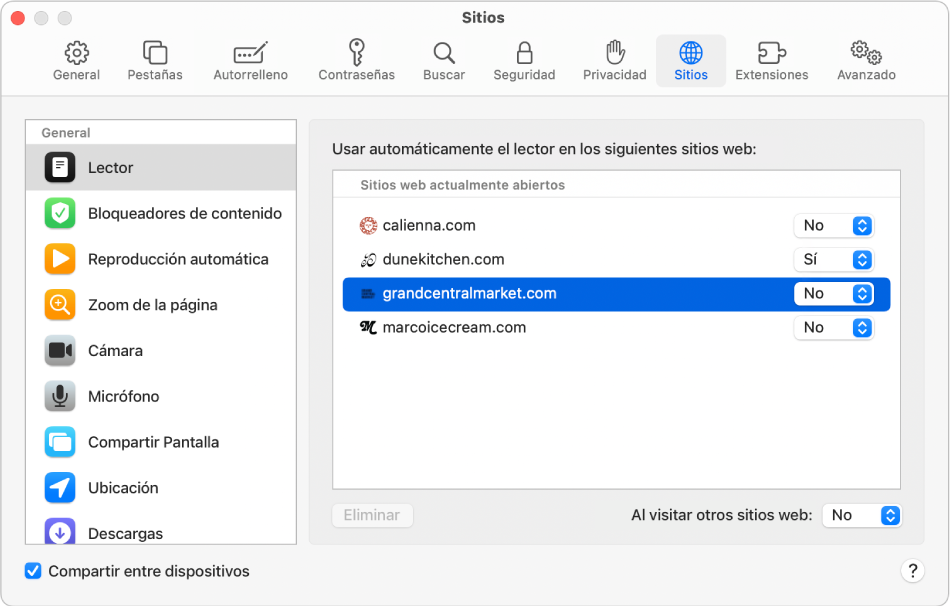 Una ventana mostrando las preferencias de Safari para un sitio web, con la opción Compartir entre dispositivos seleccionada debajo de la barra lateral.