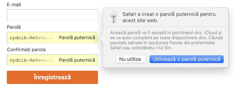 Pagina de înscriere în cont, afișând o parolă creată automat și opțiunea de utilizare sau nu a acesteia.