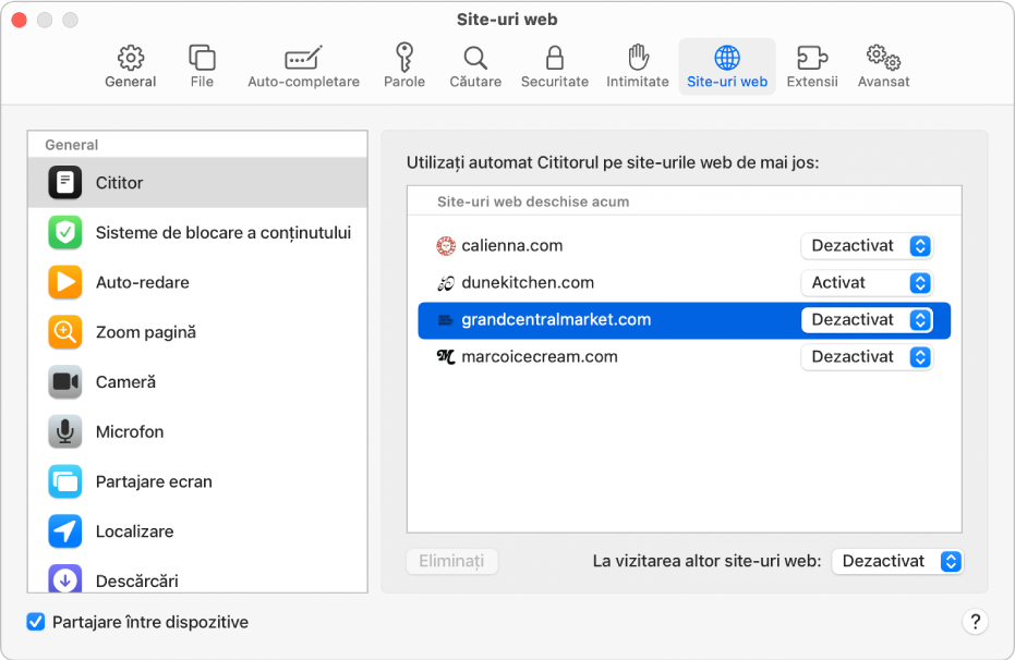 O fereastră afișând preferințele Safari pentru site-urile web, cu opțiunea “Partajare între dispozitive” selectată sub bara laterală.