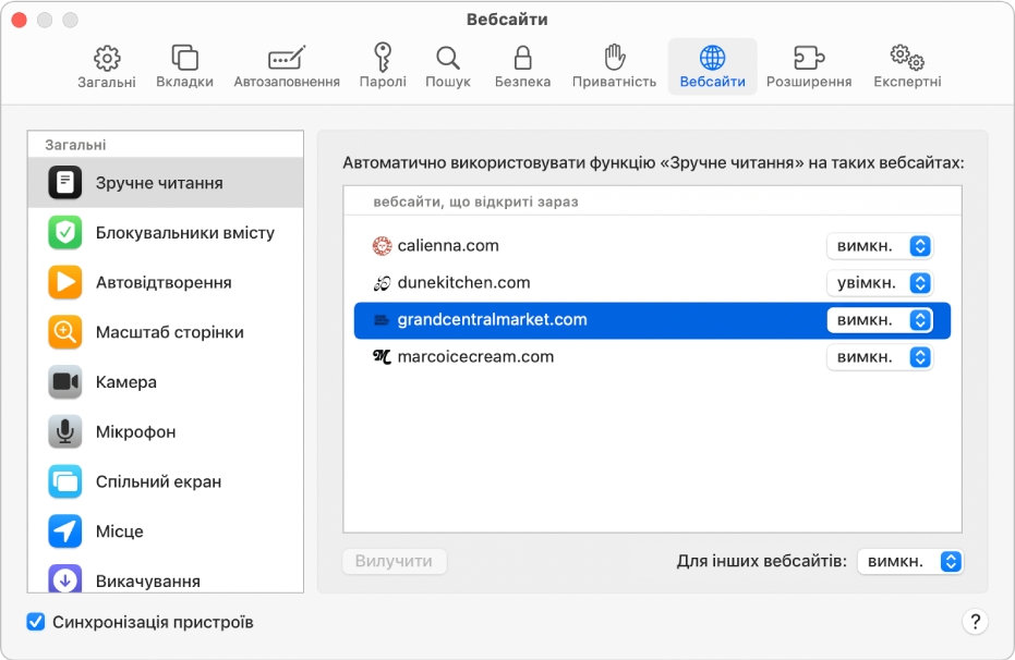 Вікно з параметрами Safari для вебсайтів: під бічною панеллю вибрано параметр «Синхронізація пристроїв».