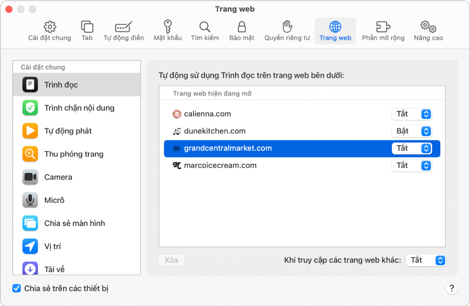 Cửa sổ đang hiển thị tùy chọn Safari cho trang web, có “Chia sẻ trên các thiết bị” được chọn ở bên dưới thanh bên.