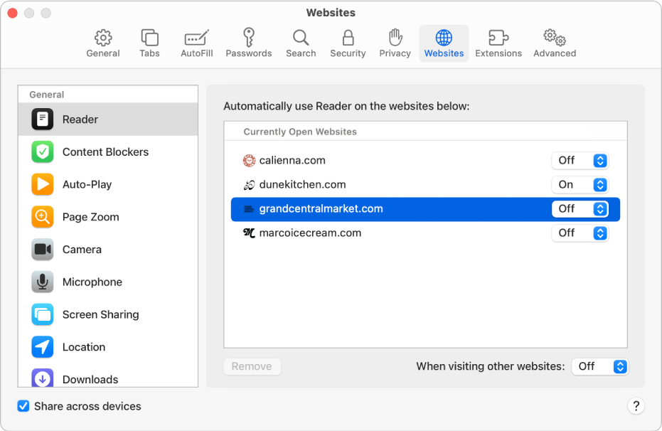 A window showing Safari preferences for websites, with “Share across devices” selected below the sidebar.