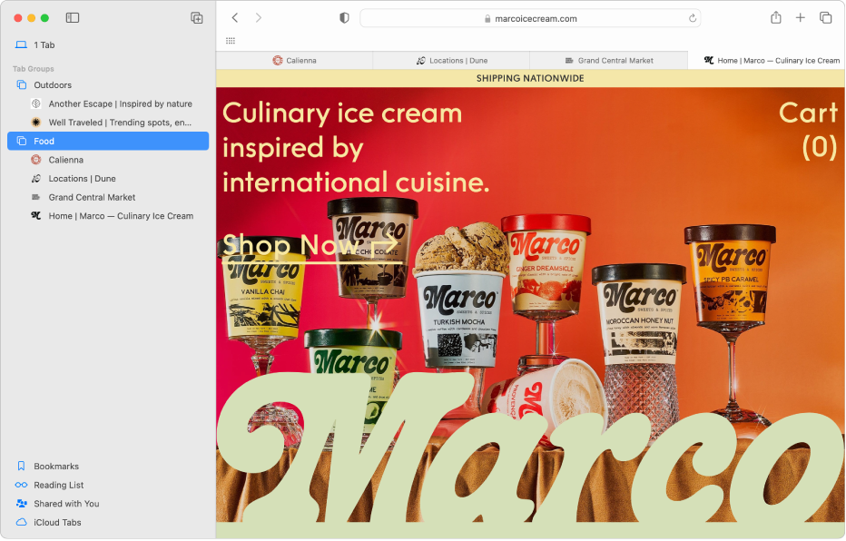 A Safari window showing the sidebar with a Tab Group selected.