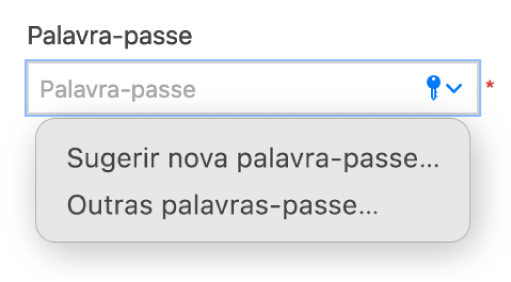 Um campo de palavra-passe com opções para receber uma sugestão de palavra-passe e para ver as palavras-passe de outras contas do site.