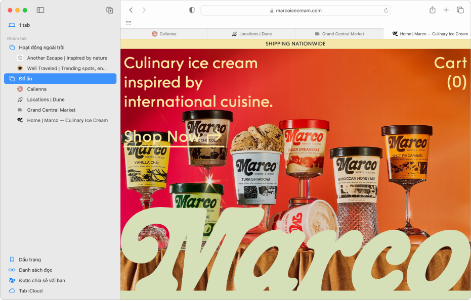 Cửa sổ Safari đang hiển thị thanh bên có một Nhóm tab được chọn.