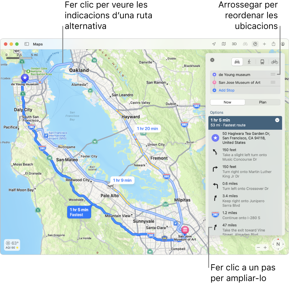 Un mapa de San Francisco amb les indicacions del trajecte en bicicleta, inclosa la informació sobre l’elevació i el trànsit.