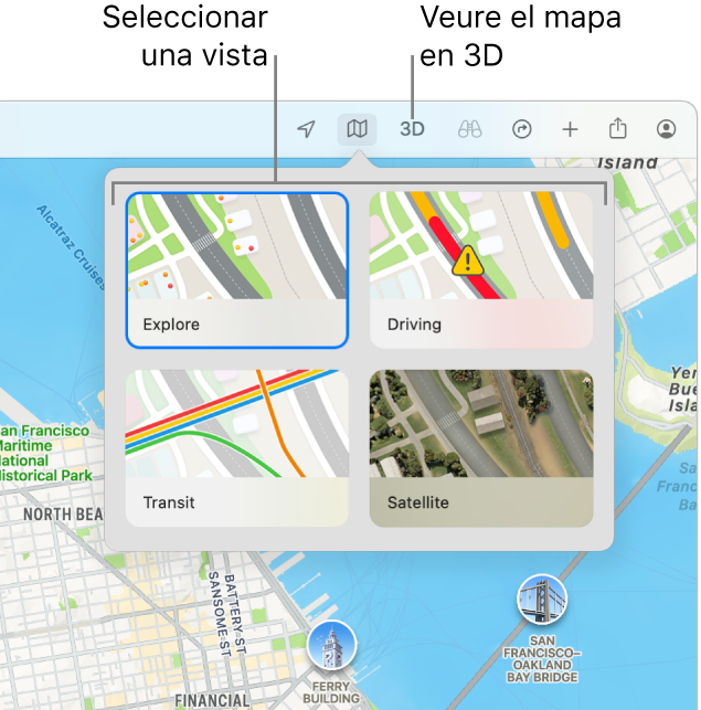 Un mapa de San Francisco que mostra les opcions de visualització del mapa: Explorar, “En cotxe”, “Transport públic” i Satèl·lit.