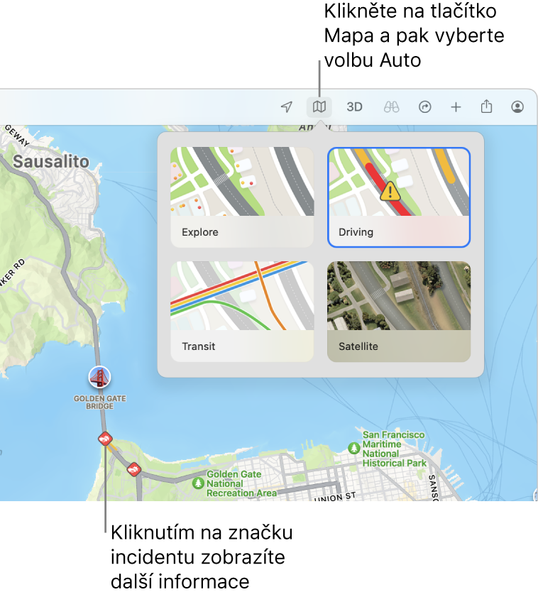 Mapa San Francisca se zobrazenými volbami, zaškrtnutým políčkem „Provoz“ a dopravními událostmi na mapě