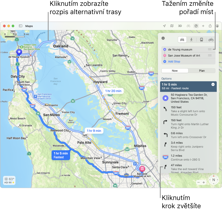 Mapa San Francisca s cyklistickou trasou, včetně informací o stoupání a dopravní situaci