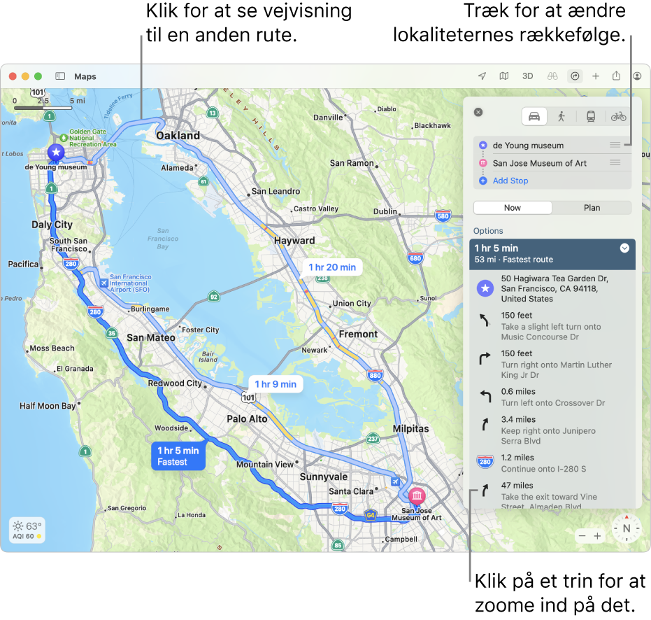 Et kort over San Francisco med vejvisning til en cykelrute, inklusive højde og trafik.