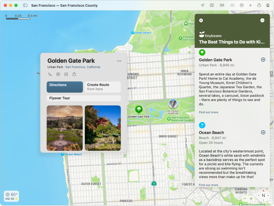 Et kort over San Francisco med guider til populære seværdigheder.