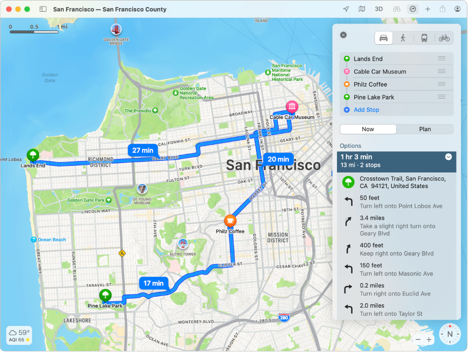 Eine Karte von San Francisco, die eine Route mit vier Stopps zeigt.