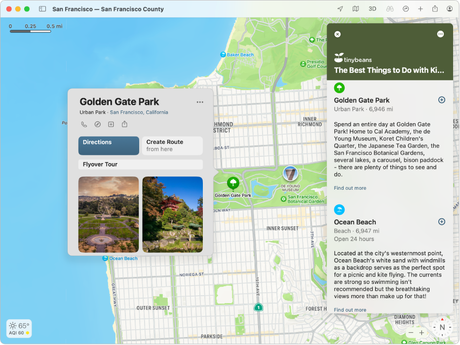 A map of San Francisco. Around the map, on the left and right, are food and travel Guides.