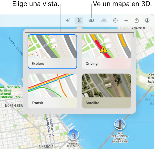 Un mapa de San Francisco mostrando opciones de visualización de mapa: Explorar, Auto, Transporte público y Satelital.