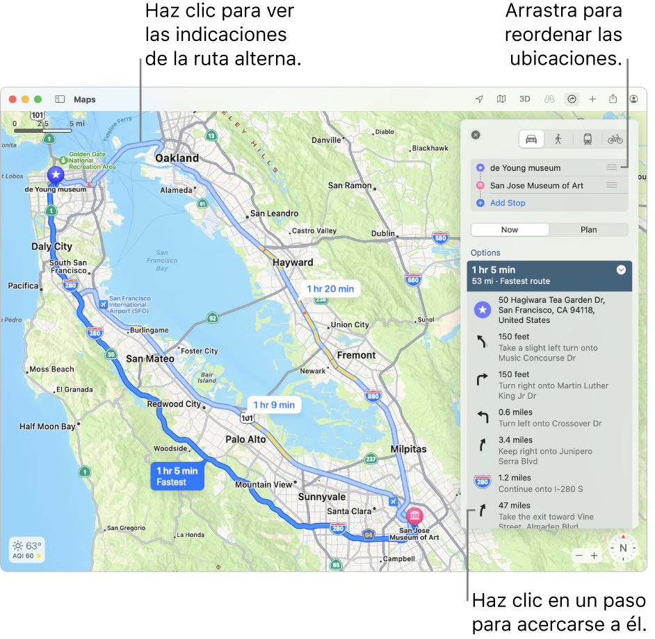 Un mapa de San Francisco con indicaciones de ruta en bicicleta, incluyendo la elevación y el tráfico.