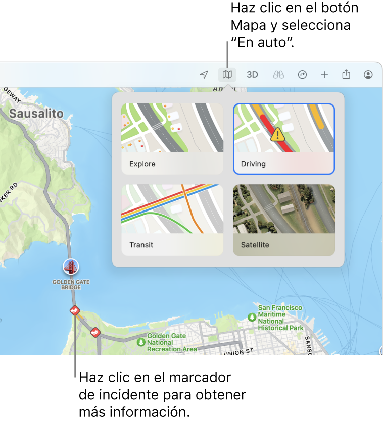 Un mapa de San Francisco donde se muestran opciones de mapa, la opción Tráfico seleccionada e incidencias de tráfico en el mapa.