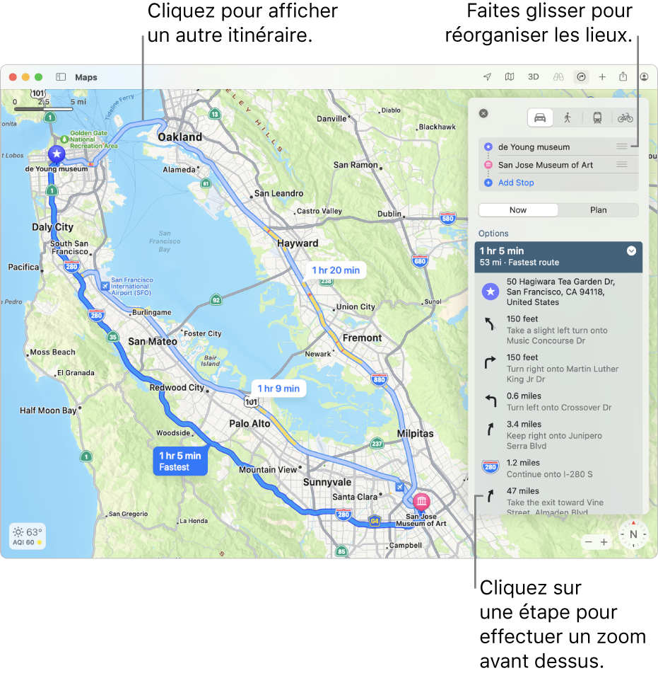 Un plan de San Francisco affichant un itinéraire à vélo, avec les informations relatives au dénivelé et à la circulation.