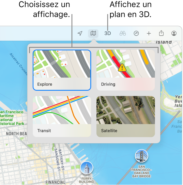 Un plan de San Francisco affichant les options d’affichage : Explorer, En voiture, Transports et Satellite.