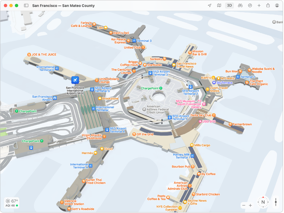 एक नक़्शा जो सैन फ़्रांसिस्को इंटरनेशनल एयरपोर्ट के भीतर का दृश्य दिखा रहा है।