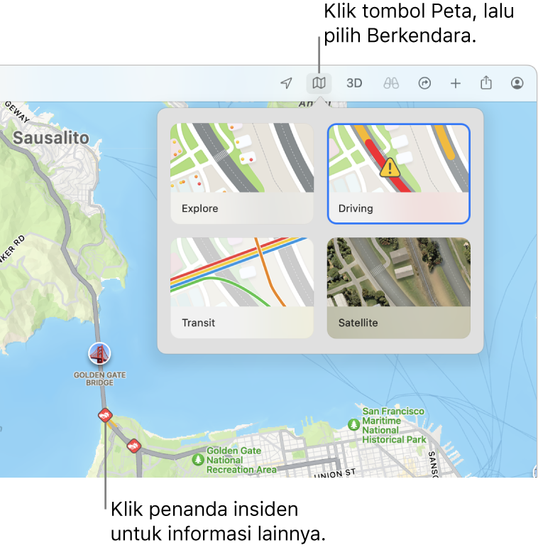 Peta San Francisco dengan pilihan peta ditampilkan, kotak centang Lalu Lintas dipilih, dan insiden lalu lintas di peta.
