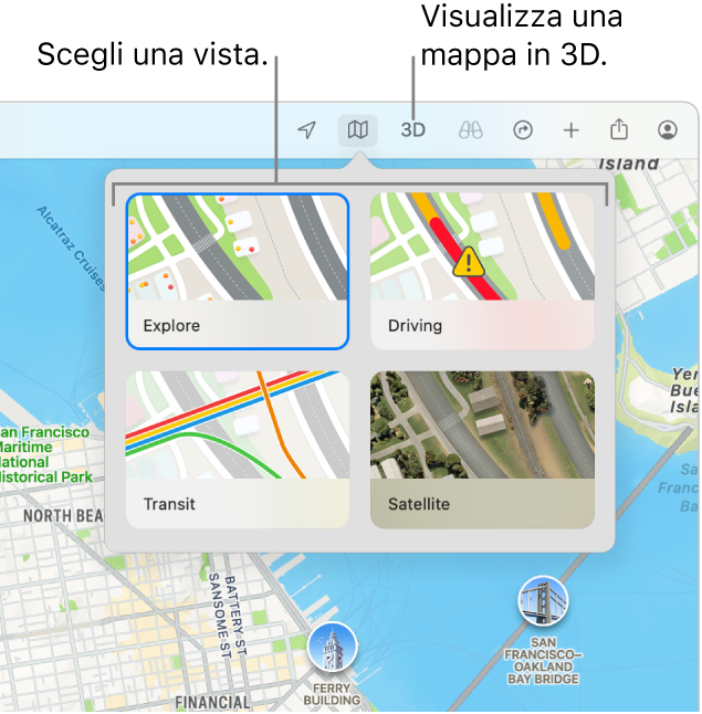 Una mappa di San Francisco che mostra le opzioni di visualizzazione della mappa: Esplora, In auto, Mezzi pubblici, Satellite.