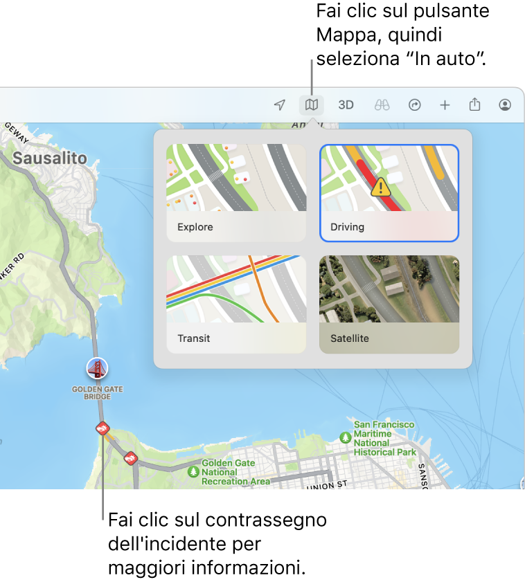 Una mappa di San Francisco con le opzioni della mappa visualizzate, il riquadro Traffico selezionato e degli incidenti sulla mappa.