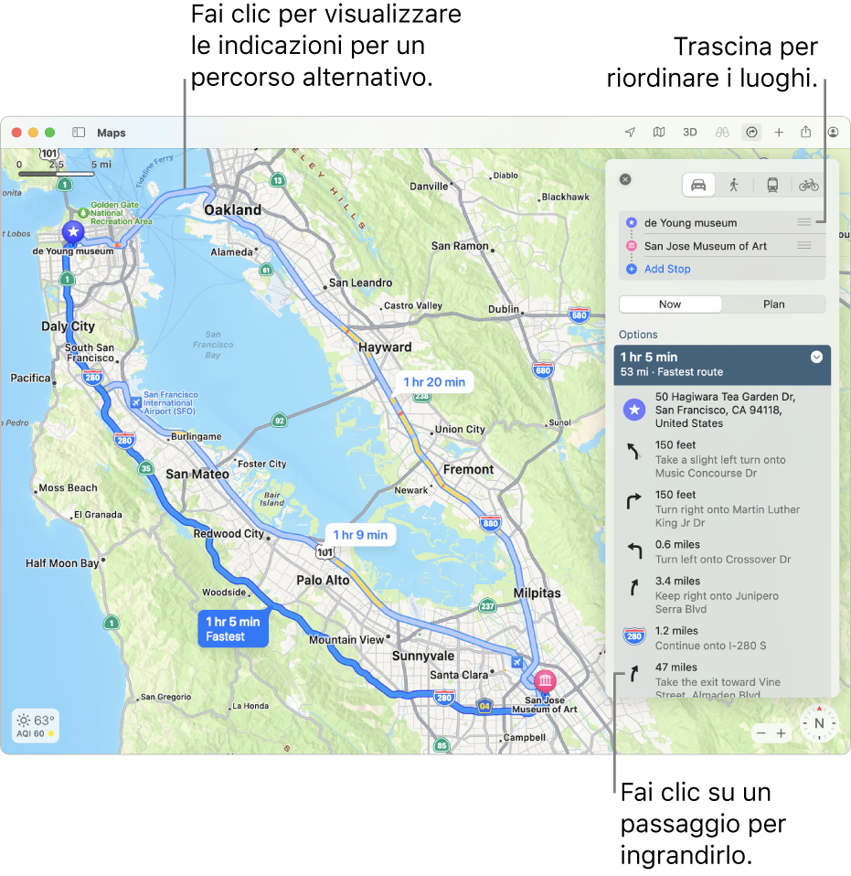 Una mappa di San Francisco con indicazioni per un itinerario in bici, inclusi dislivello e traffico.