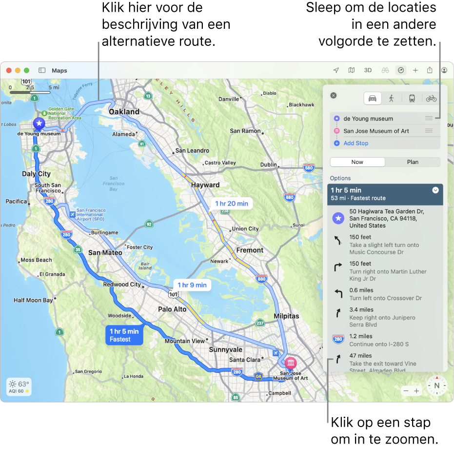 Een kaart van San Francisco met aanwijzingen voor een fietsroute die onder andere het hoogteverschil en verkeersinformatie bevat.