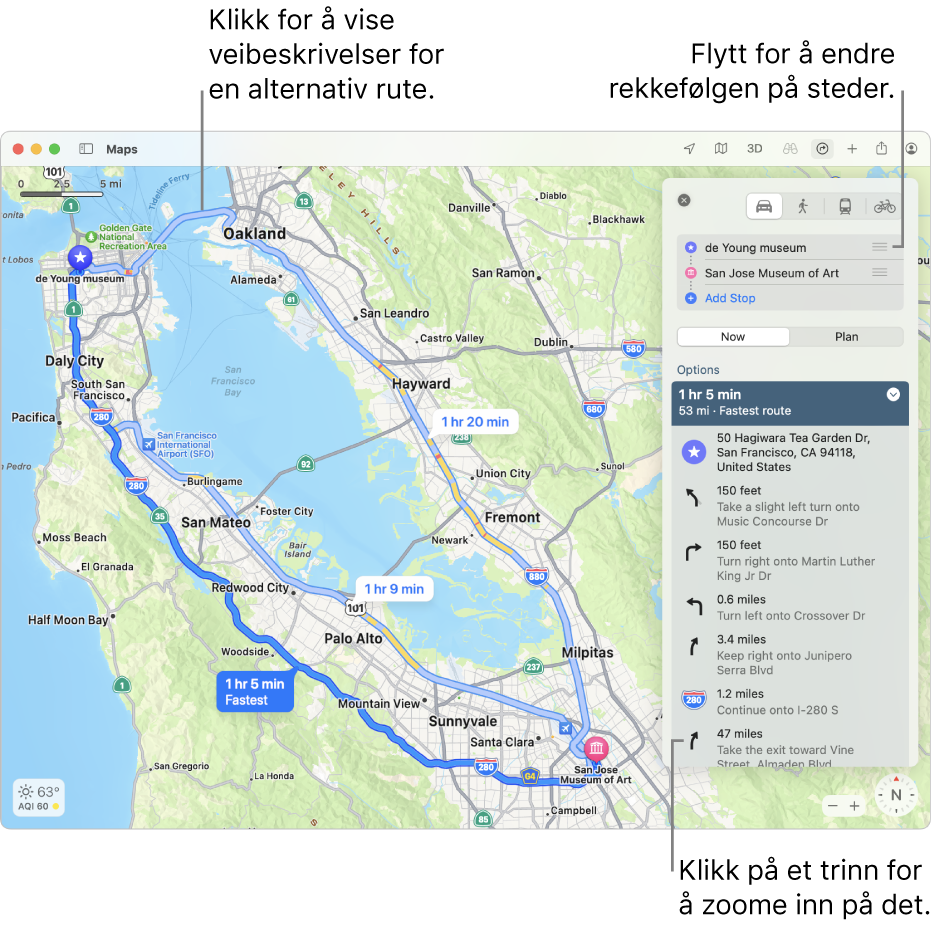 Et kart over San Francisco med en veibeskrivelse for syklende, inkludert informasjon om stigning og trafikk.
