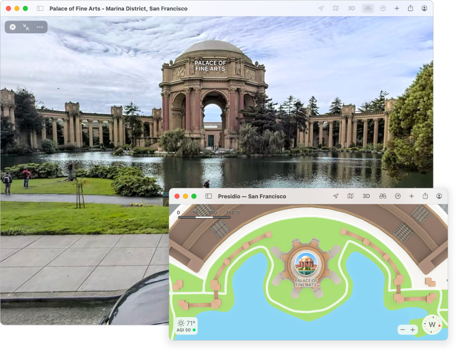 En interaktiv 3D-visning av en lokal attraksjon i San Francisco, med et kart nederst i høyre hjørne.