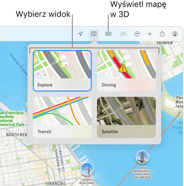 Mapa San Francisco wyświetlająca opcje widoku: Eksploruj, Ruch drogowy, Transport oraz Satelitarna.