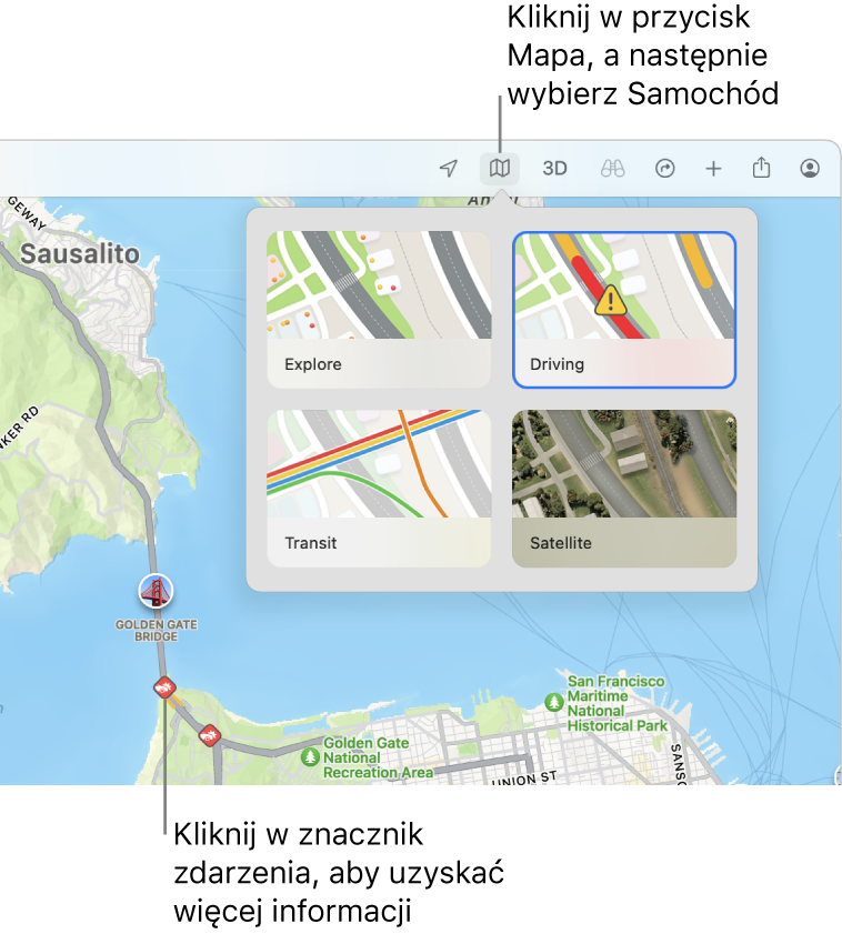 Mapa San Francisco. Widoczne są opcje mapy z zaznaczonym polem wyboru Ruch drogowy. Na mapie wyświetlane są zdarzenia drogowe.