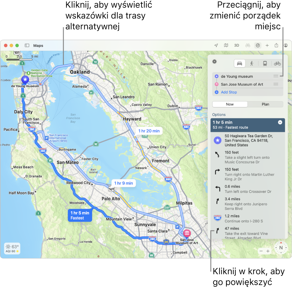 Mapa San Francisco z trasą przejazdu rowerem, obejmującą informacje dotyczące wysokości oraz natężenia ruchu.