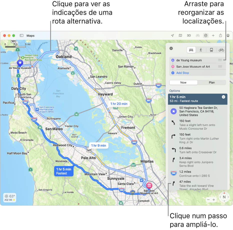 Um mapa de São Francisco com o itinerário de uma rota por bicicleta, incluindo a elevação e o trânsito.