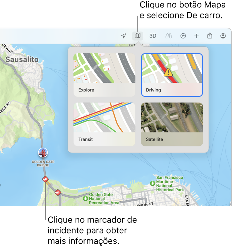 Um mapa de São Francisco com as opções do mapa exibidas, a caixa Trânsito selecionada e incidentes de trânsito no mapa.