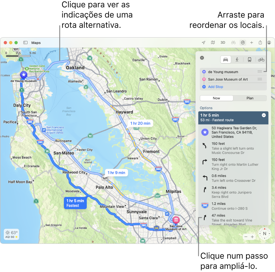 Um mapa de São Francisco com indicações para um itinerário de bicicleta, incluindo elevação e trânsito.