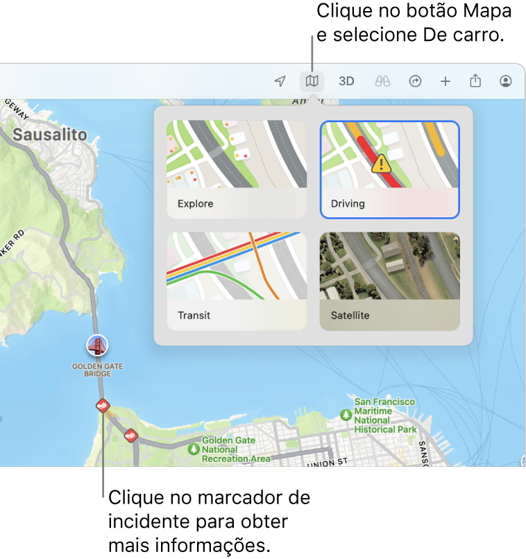 Um mapa de São Francisco com opções de mapa apresentadas, a opção Transportes selecionada e incidentes de trânsito no mapa.