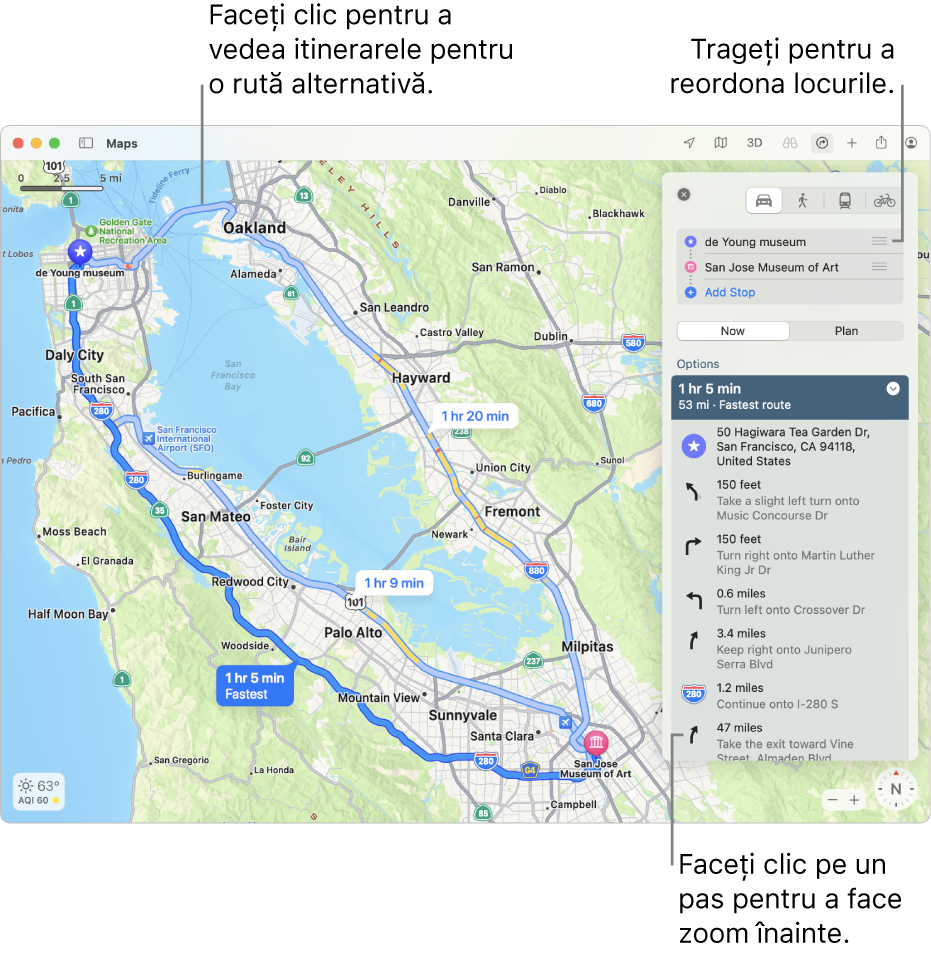O hartă a orașului San Francisco cu itinerare pentru o rută de bicicletă, inclusiv diferență de nivel și trafic.