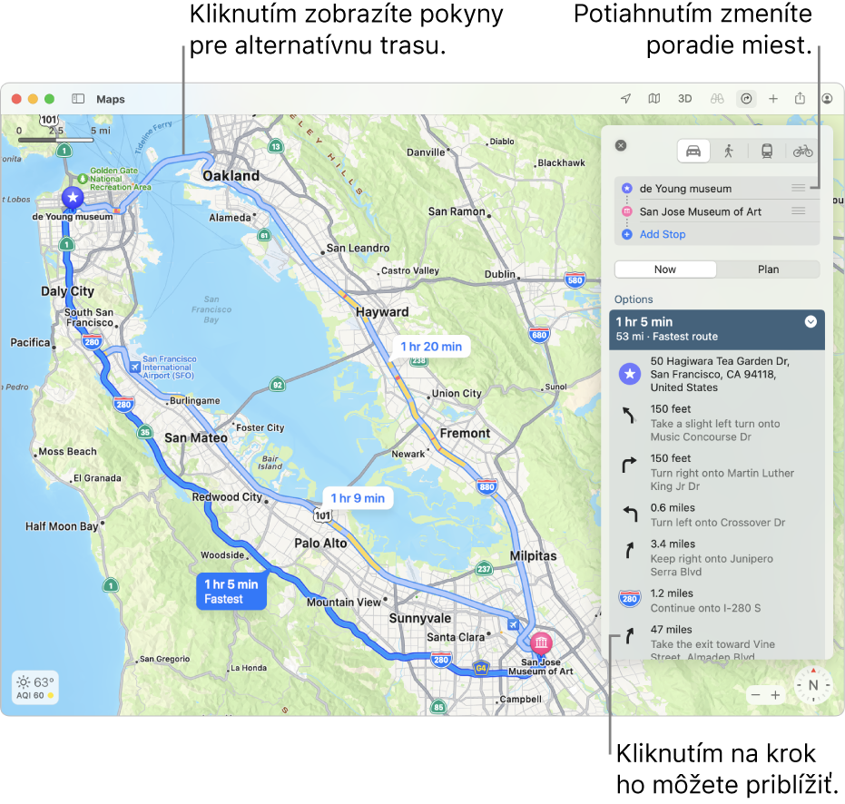 Mapa San Francisca s navigačnými pokynmi pre cyklistickú trasu vrátane údajov o stúpaní a premávke.