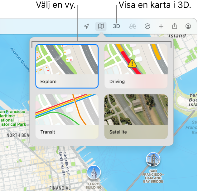 En karta över San Francisco som visar kartvisningsalternativ: Utforska, Bil, Kollektivt och Satellit.