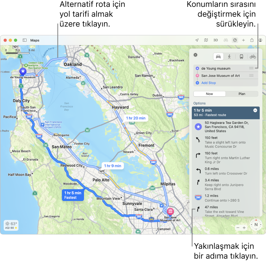 Yükseklik ve trafik de dahil olmak üzere bisiklet güzergâhı için yol tarifi içeren bir San Francisco haritası.